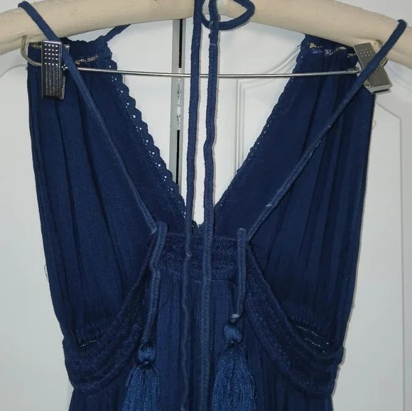 Elegant Navy Blue Plunging Neckline Boho Maxi Dress - Picture 6 of 16